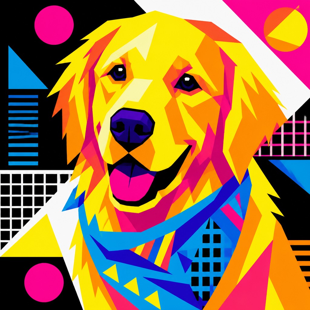 portrait of a golden retriever wearing a blue bandana, warm plain backdrop, no text