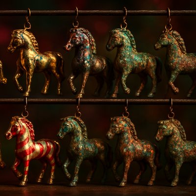 Ornament Rack of Tiny Horses
a collection of christmas ornaments shaped like tiny horses, glossy painted ceramic, metallic highlights, candy cane stripes, hand-painted details, dramatic holiday lighting, rich reds and greens, festive atmosphere
