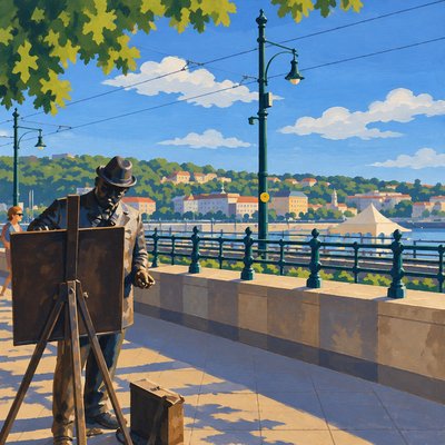 a painting of a man standing next to a river