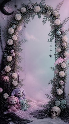 an arch of white roses and eucalyptus in soft morning light, elegant vertical composition with open space, no text