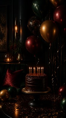 a birthday cake with lit candles surrounded by balloons and confetti, festive vertical composition, no text