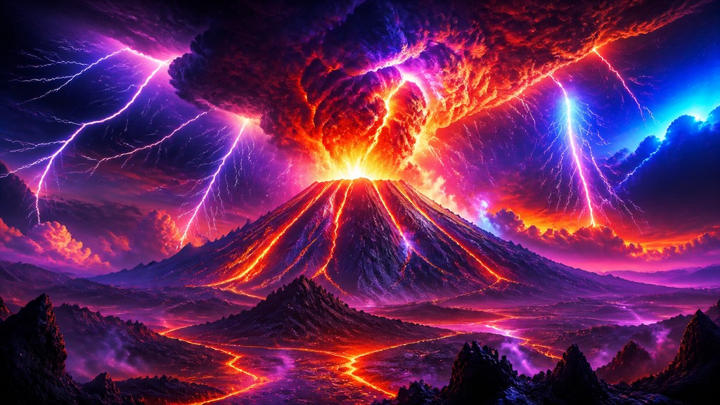 an erupting volcano with lightning strikes, dramatic wide composition, no text