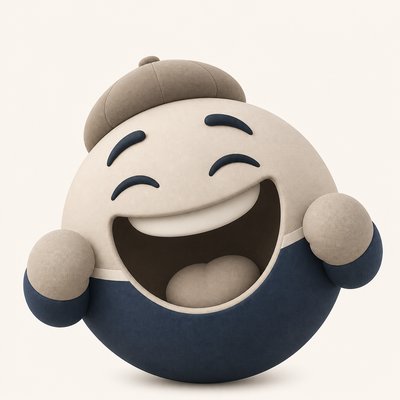 an exaggerated laughing face of an original round mascot character, bold and readable at small size, plain background, no text