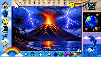an erupting volcano with lightning strikes, dramatic wide composition, no text