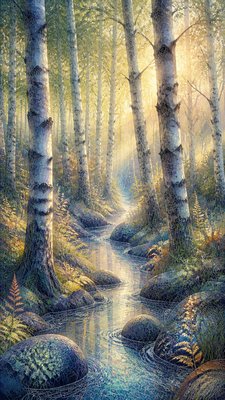 a serene birch forest in soft morning light, no people, no text