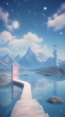 a tranquil mountain lake beneath a starry night sky, no people, no text