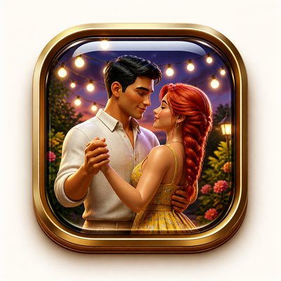 an original couple dancing under string lights in a garden at dusk: a man with short black hair in a linen shirt and a woman with braided red hair in a summer dress