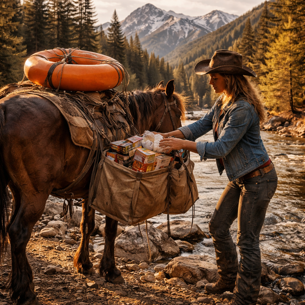 Cinematic Nature Photography, Americana Style, Golden Hour Lighting. A candid, detailed shot of an authentic cowgirl in a worn leather hat, denim jacket, and dusty boots. She is standing beside a sturdy pack horse in a rocky creek bed, actively stuffing overflowing, rugged canvas panniers.
The details of the load are clear: A large bag of jumbo marshmallows and a red box of graham crackers are peeking out of one open saddlebag, next to chocolate bars. Strapped awkwardly to the very top of the pack saddle with ropes is a large, bright orange inflatable river tube.
The environment is stunning Colorado high country: Towering ponderosa pines and aspen trees line a rushing clear mountain river. Rugged, snow-capped Rocky Mountain peaks rise in the background under a rich blue sky. The light is warm and late-afternoon, catching the dust in the air and the textures of the horse's coat and the leather gear.