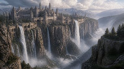 a cliffside city with waterfalls cascading into a misty canyon, wide establishing shot, no people, no text