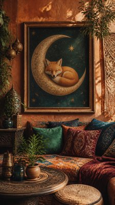 a sleeping baby fox curled on a crescent moon among soft stars, gentle and warm, no text