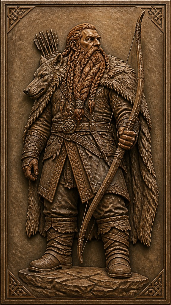 full-body original character: a dwarven ranger with a braided auburn beard, worn leather armor, a longbow and a wolf-pelt cloak, neutral background, no text