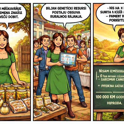 Kadar 6.:Same young rural female entrepreneur with brown hair in a ponytail, wearing a simple green dress, standing in front of her family farm gate. On a wooden table in front of her are jars of bean spread, glass jars with layered bean salads, and small eco paper packages of traditional bean seeds with labels. Warm afternoon light, optimistic atmosphere, cinematic comic illustration, semi-realistic style, detailed, storytelling panel, consistent character design, same face, same hairstyle, same clothing.

Add a speech bubble.

Speech bubble text in Serbian (ijekavian, Latin script). Use EXACTLY this text. Do not translate:

"Prerada i umnožavanje sjemena znače veću dobit."
Kadar 7:Same young rural female entrepreneur with brown ponytail and green dress, standing together with other young farmers in front of a rural cooperative building. They are smiling and holding a tablet showing online shop statistics. There are promotional banners, workshop tables with tasting samples, and rural tourism elements in the background. Bright hopeful atmosphere, cinematic comic style, semi-realistic illustration, detailed, storytelling panel, consistent character design, same face, same hairstyle, same clothing.

Add a speech bubble.

Speech bubble text in Serbian (ijekavian, Latin script). Use EXACTLY this text. Do not translate:

"Biljni genetički resursi postaju osnova ruralnog razvoja."
Kadar.:Same young rural female entrepreneur standing confidently next to a chalkboard with a written business formula. She is smiling proudly in front of her farm landscape at sunset. Warm golden light, inspirational mood, cinematic comic panel, semi-realistic illustration, detailed, consistent character design, same face, same hairstyle, same clothing.

On the chalkboard write in Serbian (ijekavian, Latin script). Use EXACTLY this text. Do not translate:

"10 ha × premium cijena × direktna prodaja × prerada = 100 000 KM godišnje prihoda"

Add a speech bubble.

Speech bubble text in Serbian (ijekavian, Latin script). Use EXACTLY this text. Do not translate:

"Nisam izmislila ništa novo. Samo sam sačuvala staro — i pametno ga iskoristila."
