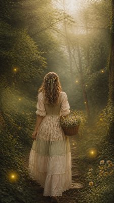 a mysterious forest path with fireflies and drifting mist, atmospheric vertical composition with open space at the top, no text