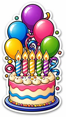 a birthday cake with lit candles surrounded by balloons and confetti, festive vertical composition, no text