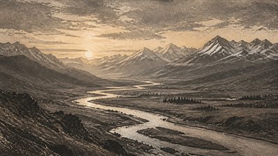 a vast valley with a river winding toward distant mountains at sunrise, no people, no text