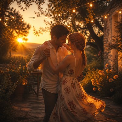 an original couple dancing under string lights in a garden at dusk: a man with short black hair in a linen shirt and a woman with braided red hair in a summer dress