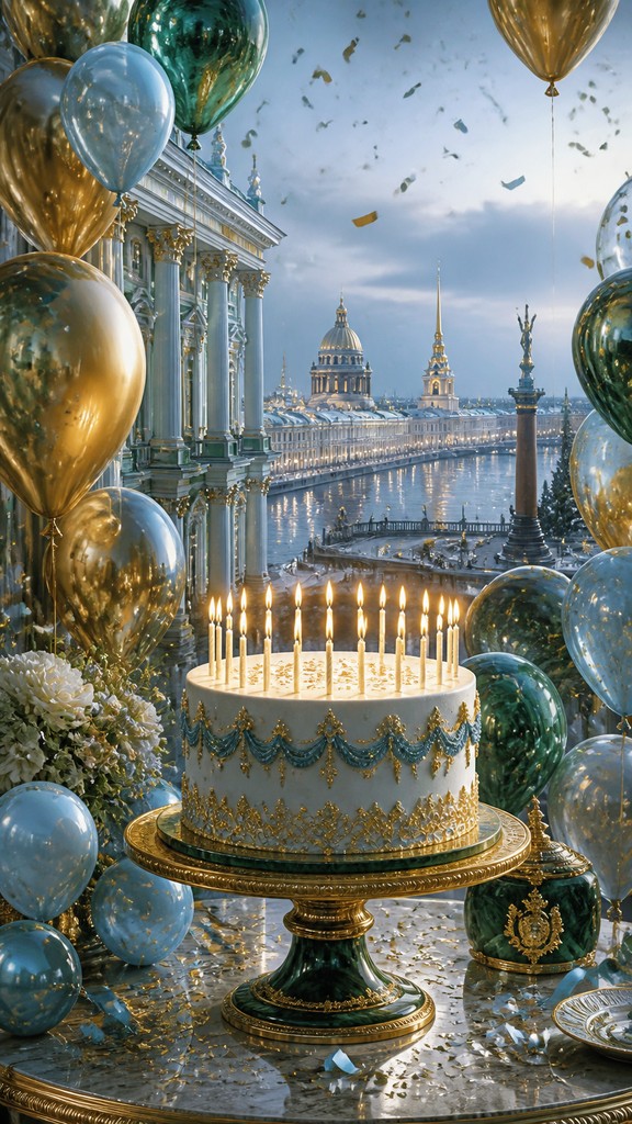 a birthday cake with lit candles surrounded by balloons and confetti, festive vertical composition, no text