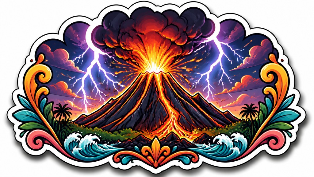 an erupting volcano with lightning strikes, dramatic wide composition, no text