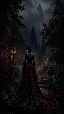 a mysterious forest path with fireflies and drifting mist, atmospheric vertical composition with open space at the top, no text