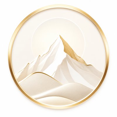 an emblem of a mountain peak inside a circle, simple bold shapes on a plain background, no text or lettering