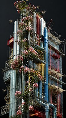 a climbing vine of flowers and hummingbirds on a dark background, tall wrapping composition, no text