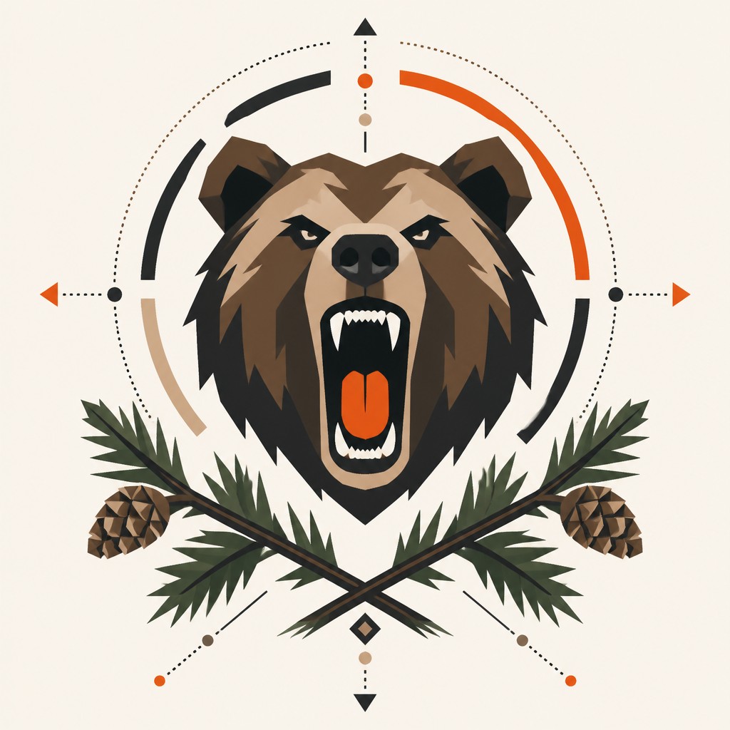 a roaring bear head above crossed pine branches, bold graphic composition on a plain background, no text