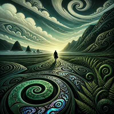 a solitary figure walking toward a glowing horizon across an empty plain, moody atmosphere, no text or lettering