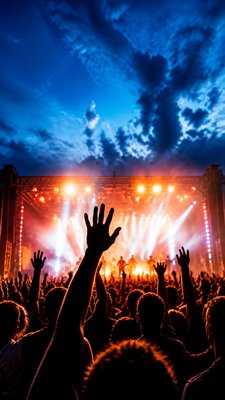 a live music scene with a glowing stage and silhouetted crowd, energetic vertical composition with open space at the top, no text