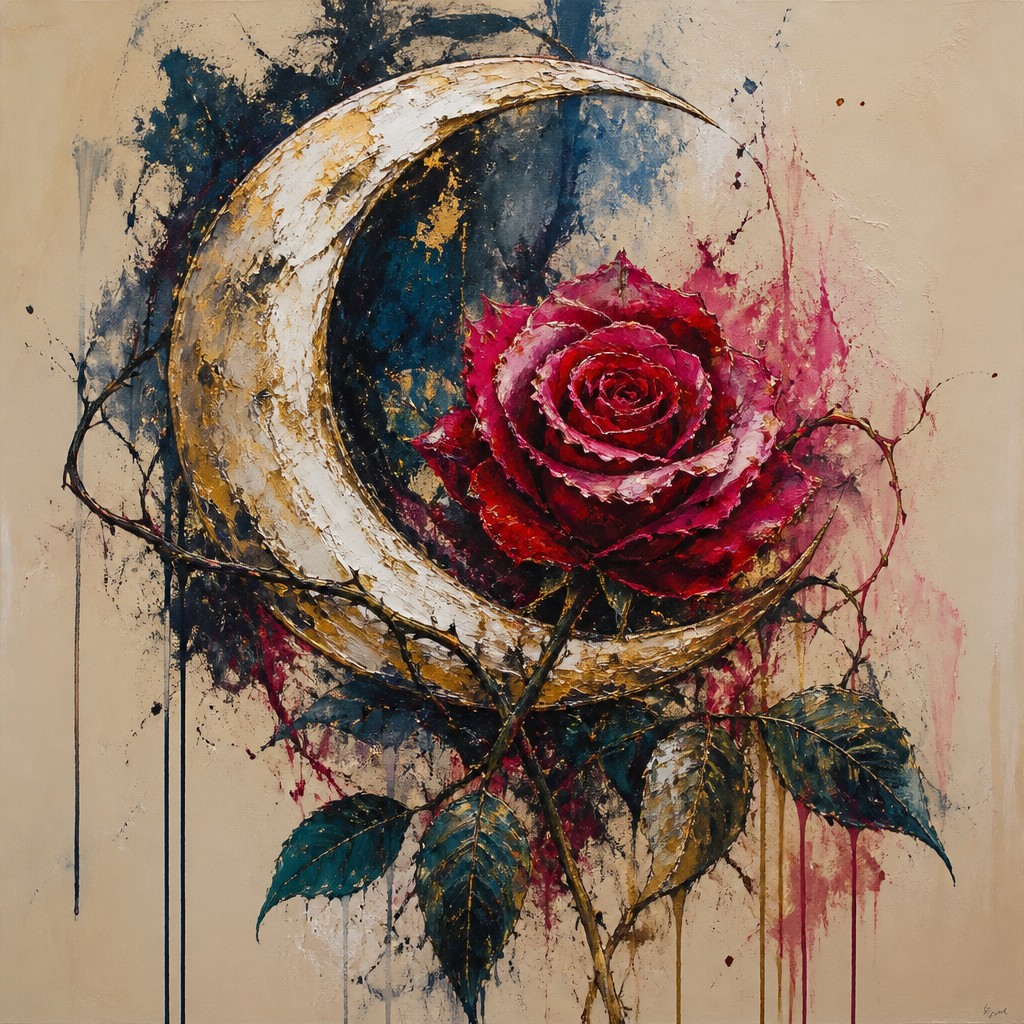 a rose entwined with a crescent moon, clean balanced composition on a plain background, no text