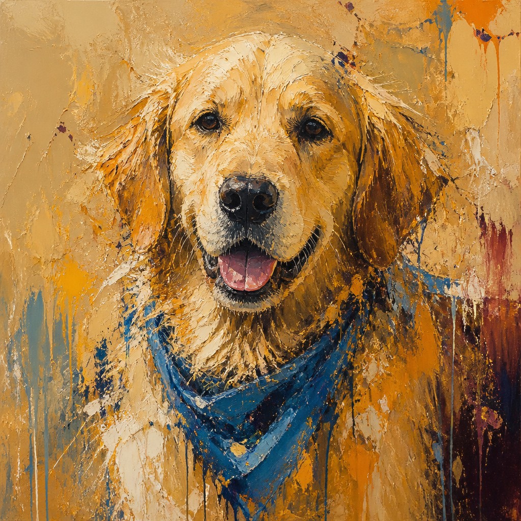 portrait of a golden retriever wearing a blue bandana, warm plain backdrop, no text