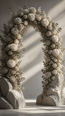 an arch of white roses and eucalyptus in soft morning light, elegant vertical composition with open space, no text