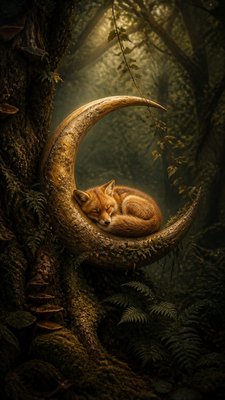 a sleeping baby fox curled on a crescent moon among soft stars, gentle and warm, no text