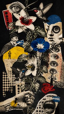 a climbing vine of flowers and hummingbirds on a dark background, tall wrapping composition, no text