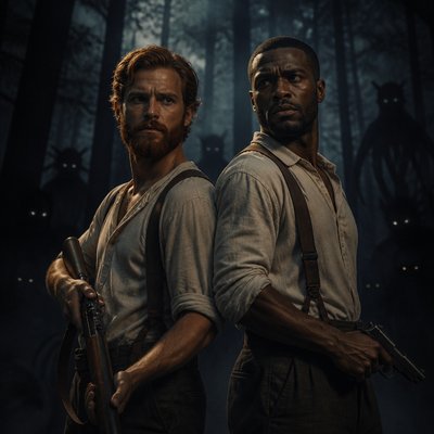 Je veux que tu me fasses 2 homme un peu dans les années 20 américains un homme blanc roux les cheveux courts mi long avec une barbe rousse plus foncé et habillée en en decontracté ,tee shirt en v decontract mais il tient un fusiil et une homme noir cheveux noir barbe rasé de pres fort , machoir carré. Il est habillé en chemise longue manche remonté ,  et deboutoné au niveau du torse il tient aussi un fling il a des bretelles. Ils sont a dos entouré de monstre mais genre on voit que leur ombres (pas de vrai monstres) juste des yeux dans la foret et des silhouette 