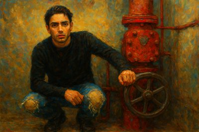 a painting of a man sitting next to a red fire hydrant