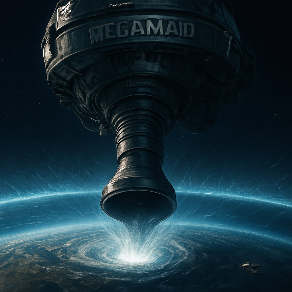 A highly detailed, cinematic rendering of the colossal "Megamaid" spaceship from Spaceballs in its full, transformed state, hovering menacingly above the Earth.
Scene Focus: The Megamaid is positioned directly over the Earth's atmosphere, its massive vacuum nozzle extended. The nozzle is clearly pointed toward the planet's surface, and the mechanism is beginning to suck air out, creating a visible, swirling vortex.
The 'Firmament' Detail: Render the edge of Earth's atmosphere and sky not as a smooth fade to space, but with a highly stylized, almost cracked or crystalline appearance, suggesting the boundary is a literal "firmament." The vacuum is shown actively piercing this boundary, creating a localized, glowing "window of heaven" effect where the atmosphere is being forcefully breached and pulled into the machine.
Atmosphere: The scene is dark, cold space contrasting sharply with the bright, glowing Earth below and the massive, industrial metallic structure of the Megamaid. The lighting should be dramatic and epic, highlighting the ridiculous scale of the vacuum cleaner poised to steal a planet's air. Include a tiny, distant shot of the Eagle 5 (Winnebago) fleeing the scene.
Style: Photorealistic digital painting, sci-fi parody, emphasizing the immense, over-the-top scale and the comedic contrast between the mundane household item and the cosmic threat.