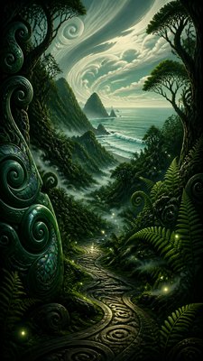 a mysterious forest path with fireflies and drifting mist, atmospheric vertical composition with open space at the top, no text