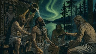 finnish men inside the sauna pouring water over one another