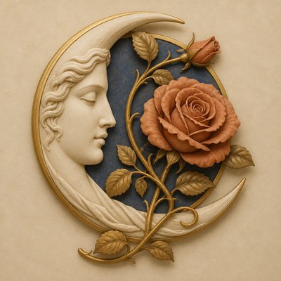 a rose entwined with a crescent moon, clean balanced composition on a plain background, no text