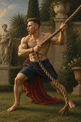 a painting of a man holding a rope
