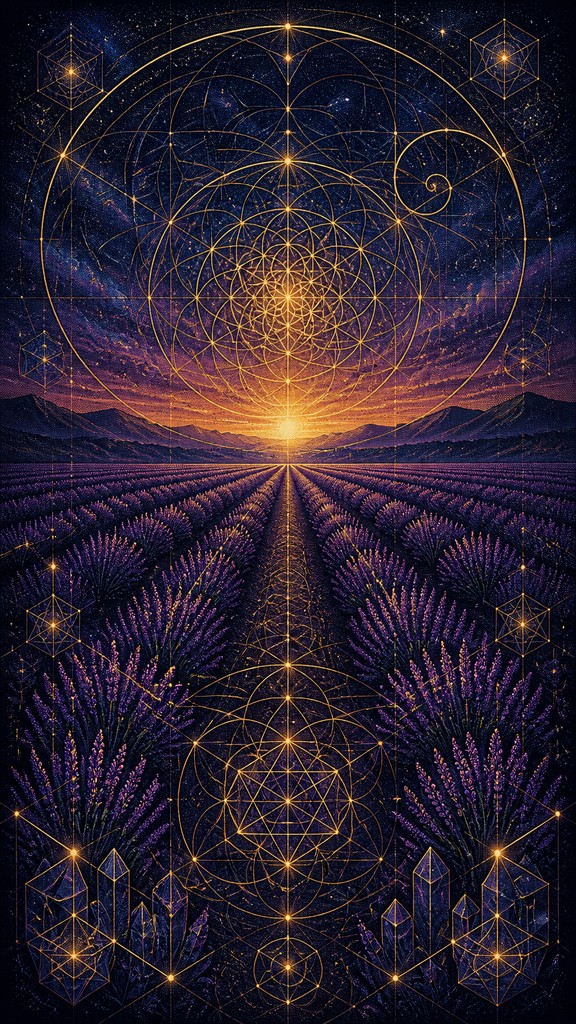 a field of lavender stretching to distant hills at dusk, no people