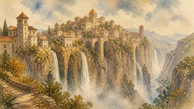 a cliffside city with waterfalls cascading into a misty canyon, wide establishing shot, no people, no text