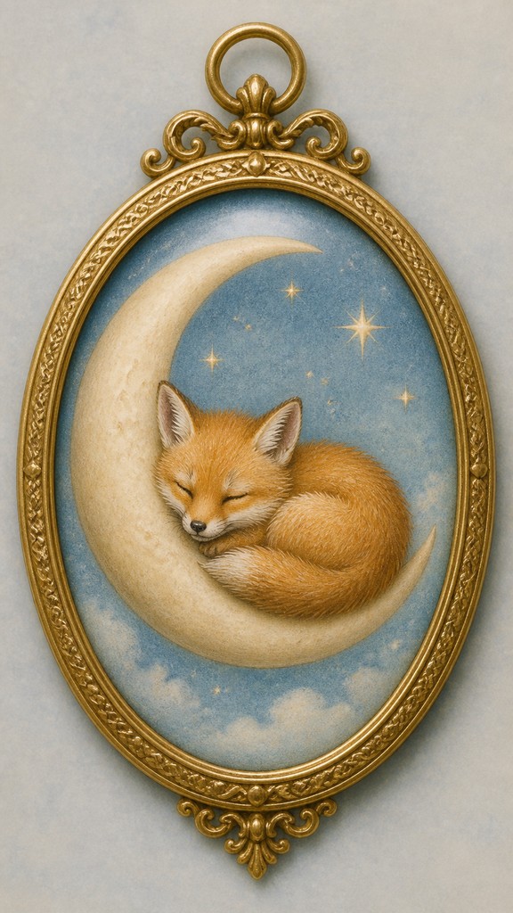 a sleeping baby fox curled on a crescent moon among soft stars, gentle and warm, no text