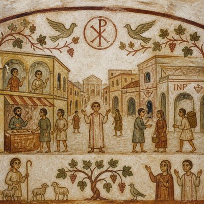 urban street with city activity — Early Christian Art Style