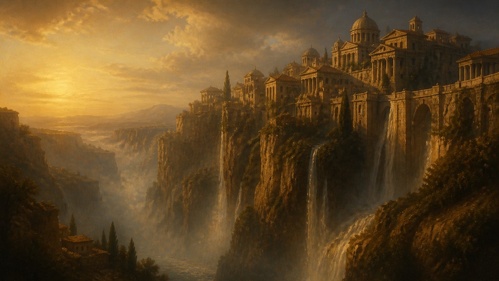 a cliffside city with waterfalls cascading into a misty canyon, wide establishing shot, no people, no text