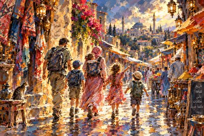 a painting of a group of people walking down a street