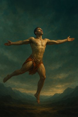 a painting of a man in the air with his arms outstretched