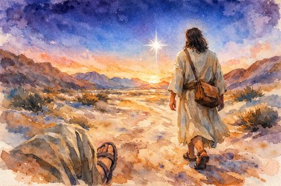 Personal POV scene. Me and Jesus in the desert on a cool morning at daybreak walking toward a bright star. Jesus is wearing old clothes and carrying a satchel. I’m wearing old clothes and sandals just like Him. The air is cool and crisp. The sky is bright blue on the horizon with deep purple fading into black at the upper atmosphere. The air is crisp and clear. It’s like the desert in California looking east toward Arizona. There are desert hills on the north and south sides and mountains in the distance. 