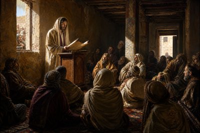 a painting of a man standing in front of a group of people