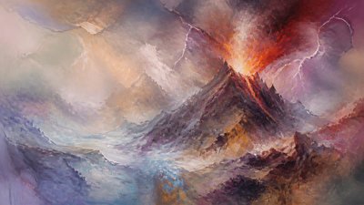 an erupting volcano with lightning strikes, dramatic wide composition, no text